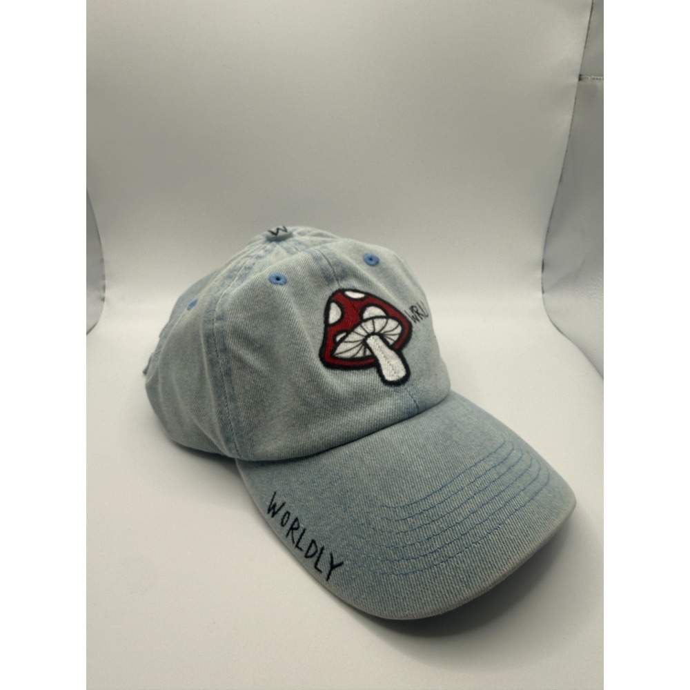 Worldly Baseball Cap Mens Light Blue Denim Cotton Mushroom Embroidered Strapback